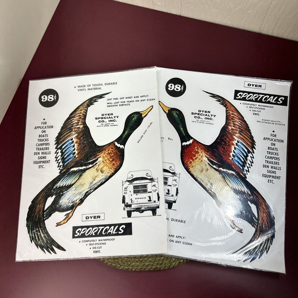 Set of 2 Vintage Dyer Sportcals Vinyl Waterproof Decal Sticker Mallard Duck